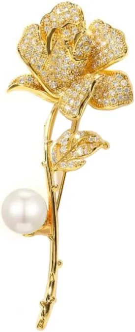 Crystal Pearl Rose Brooch Rose Lapel Pin Gold Rhinestone Lapel Pin Rose Brooch Fabric Dress Accessory Ladies Gift