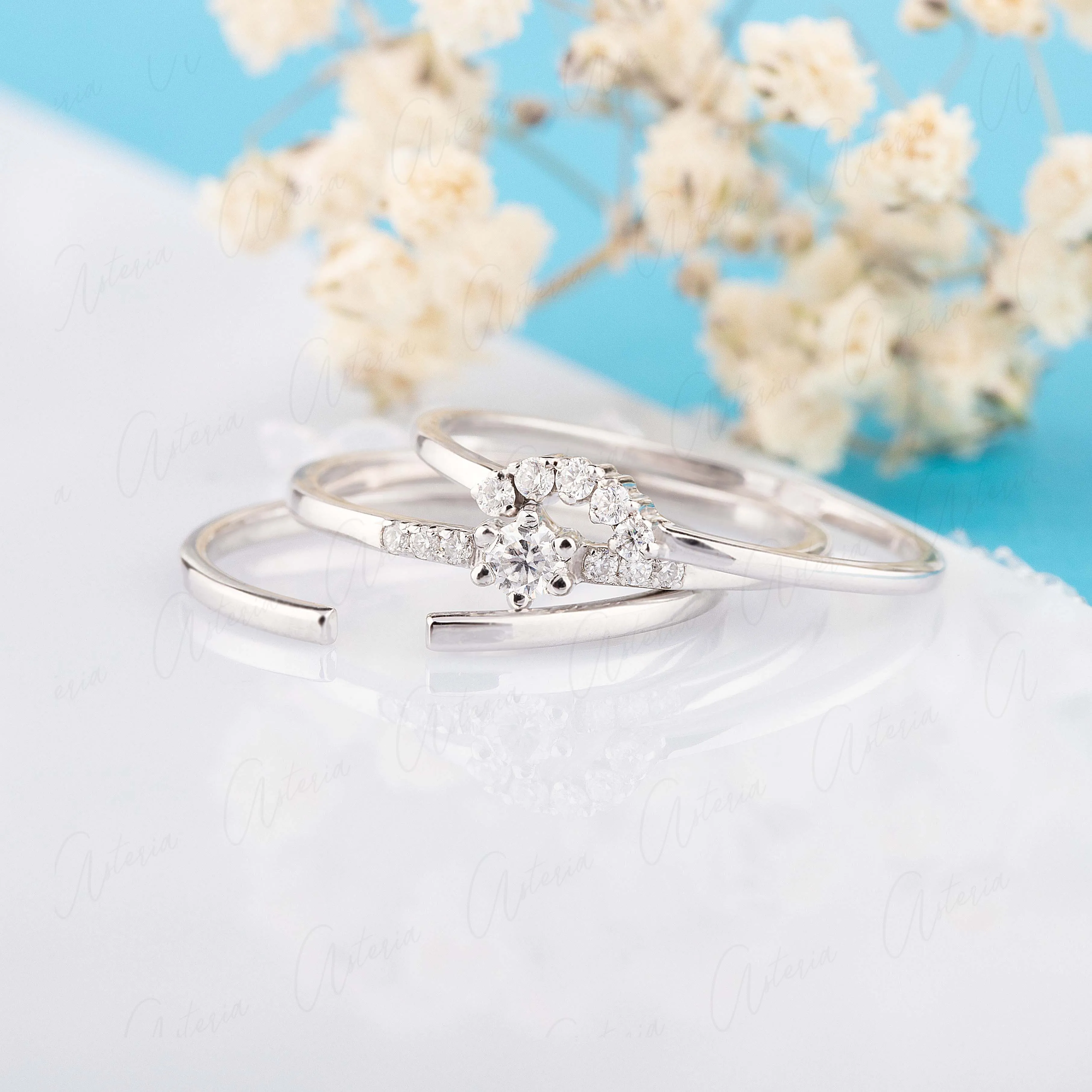 Dainty & simple 14k white gold 3 rings diamond wedding ring set for her