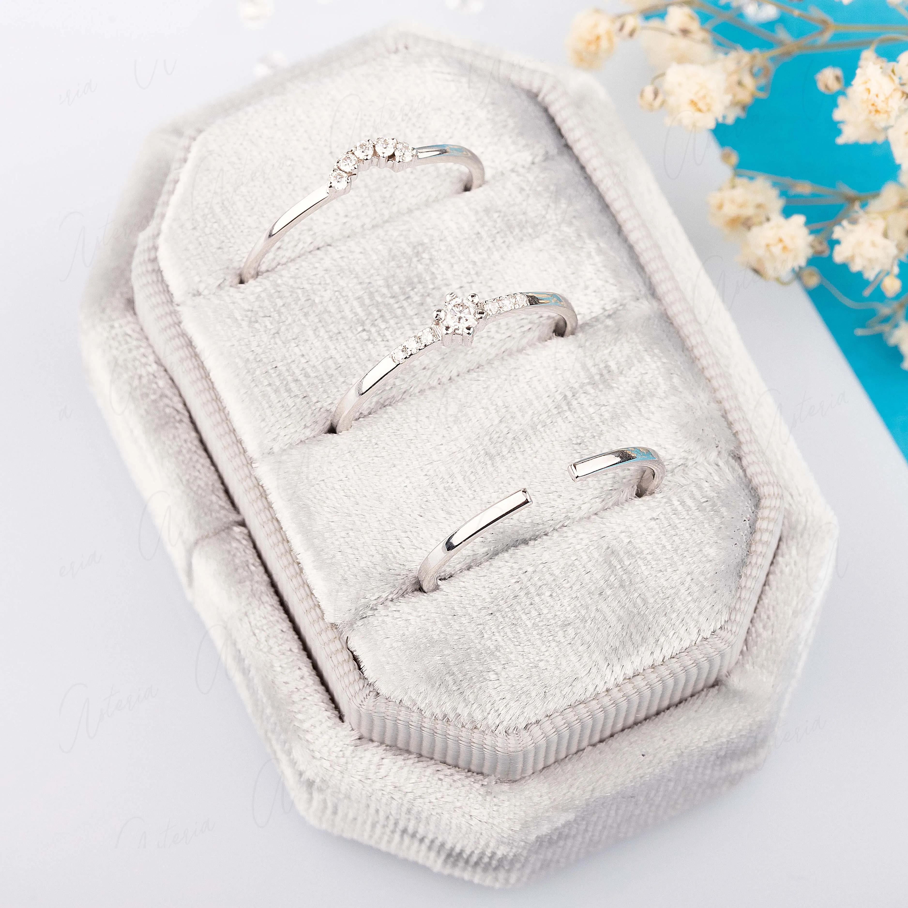 Dainty & simple 14k white gold 3 rings diamond wedding ring set for her