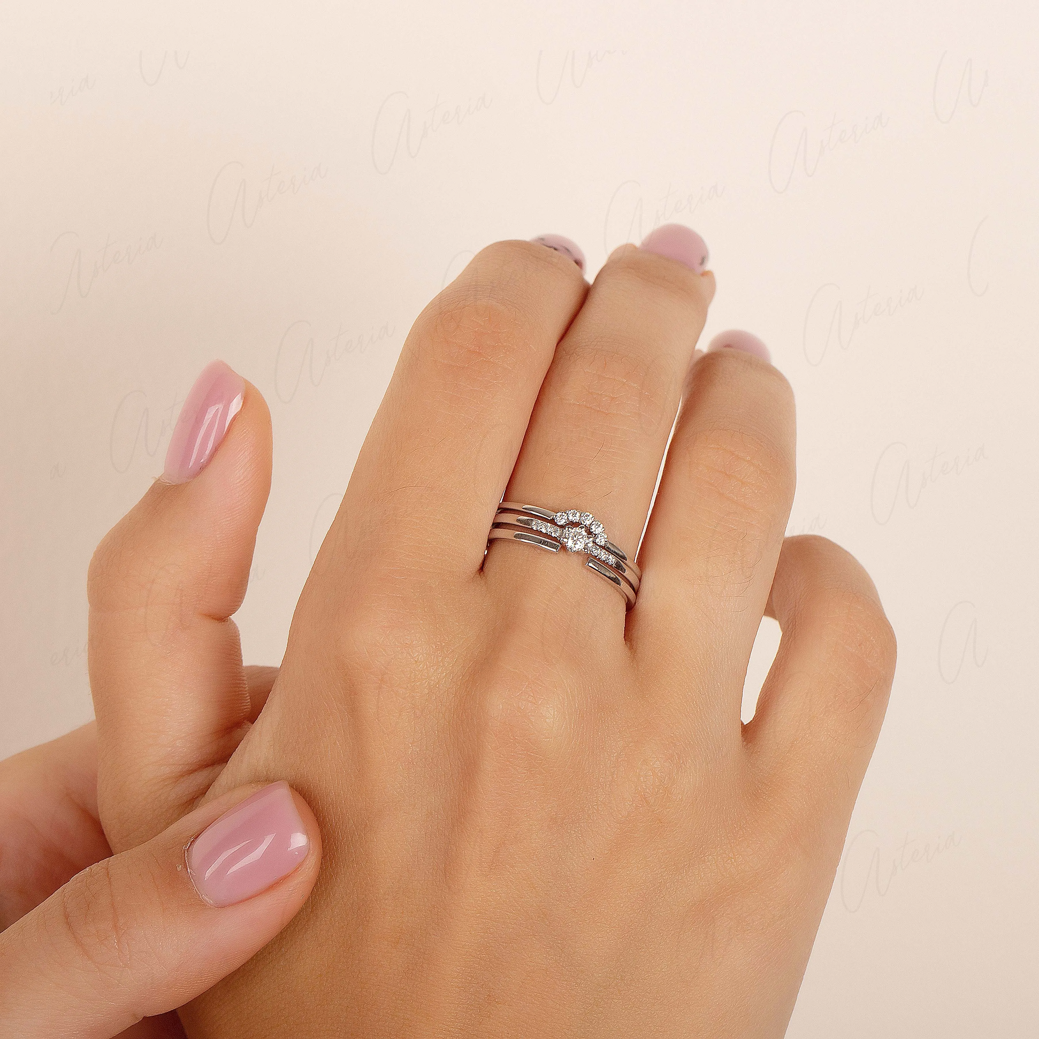 Dainty & simple 14k white gold 3 rings diamond wedding ring set for her