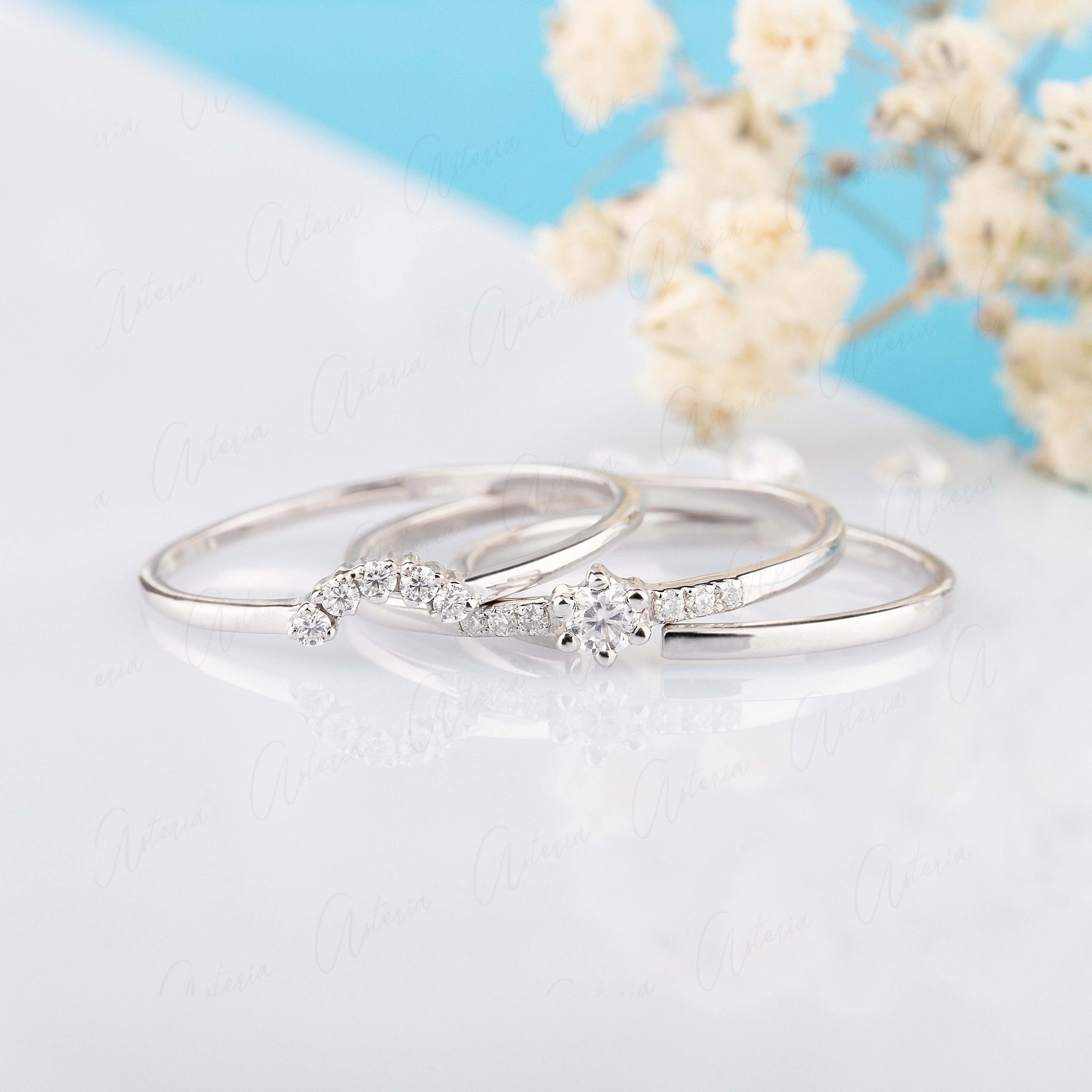 Dainty & simple 14k white gold 3 rings diamond wedding ring set for her