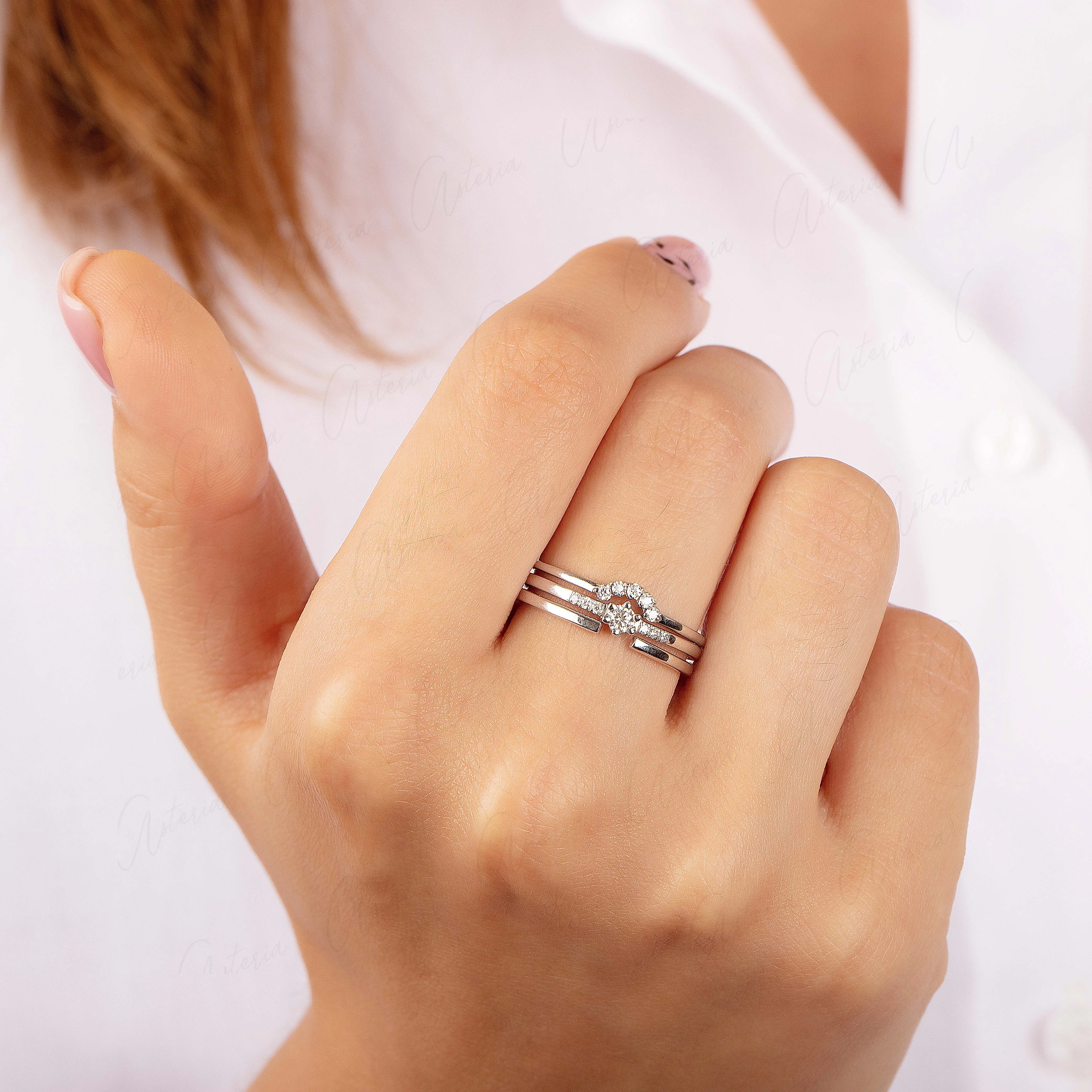 Dainty & simple 14k white gold 3 rings diamond wedding ring set for her
