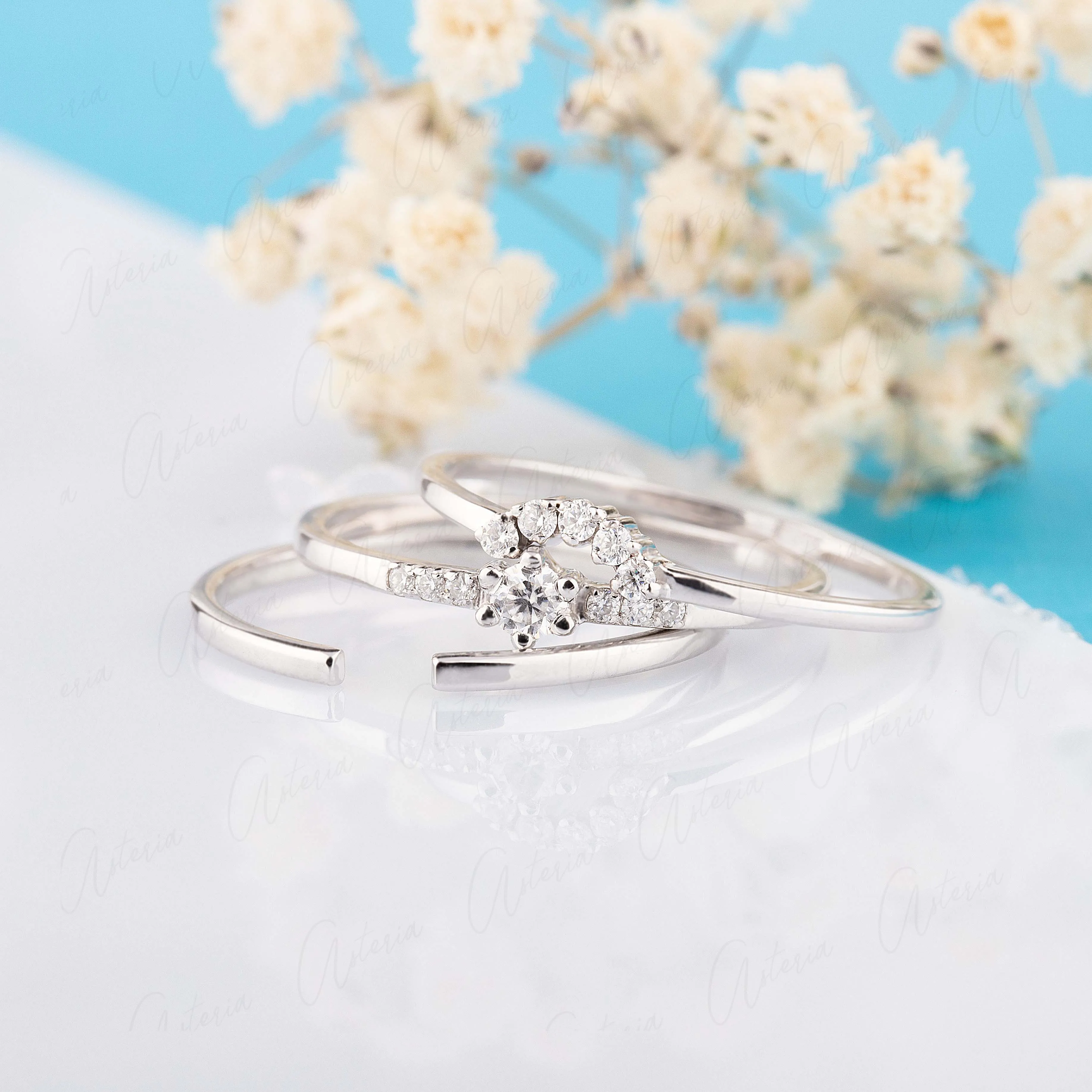 Dainty & simple 14k white gold 3 rings diamond wedding ring set for her