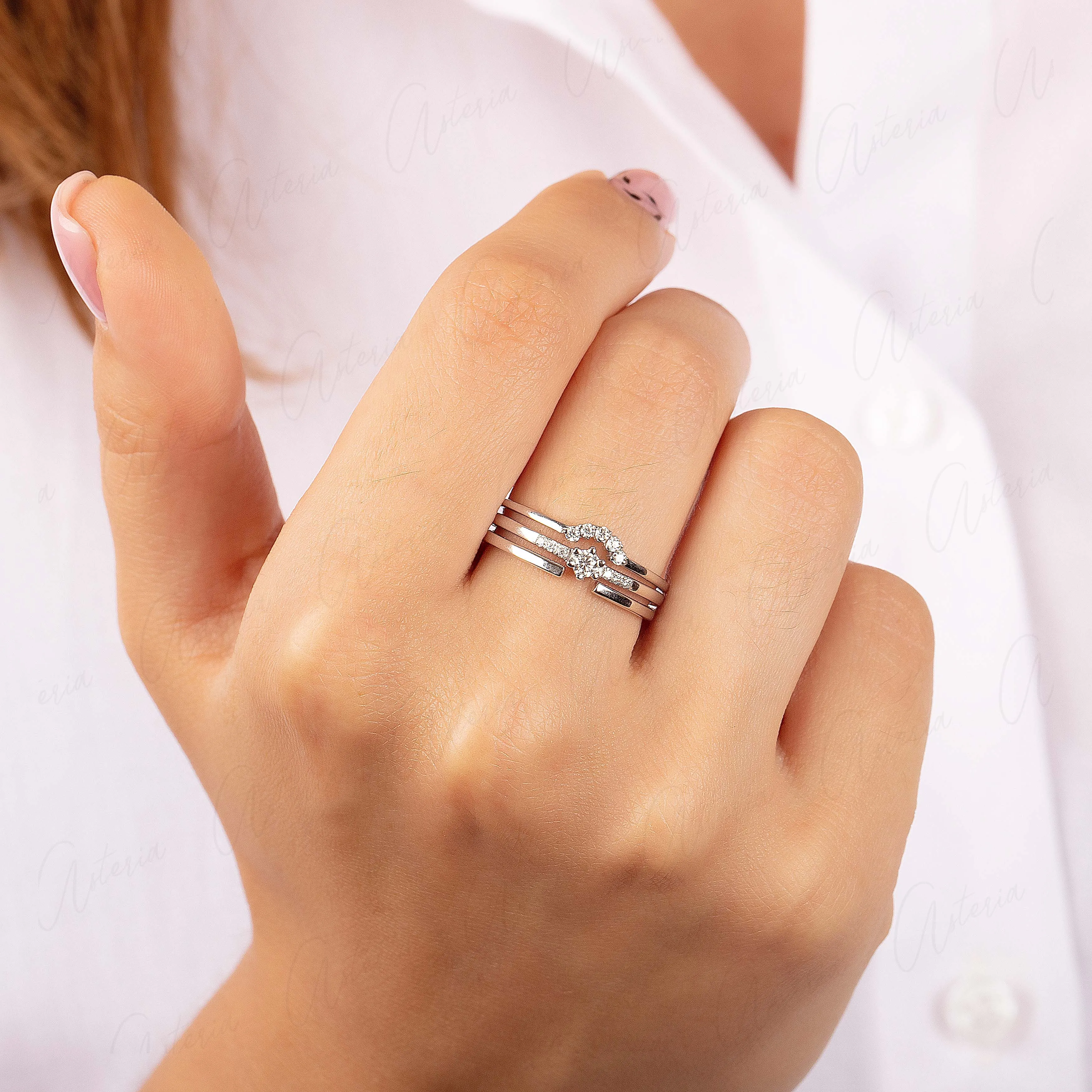 Dainty & simple 14k white gold 3 rings diamond wedding ring set for her