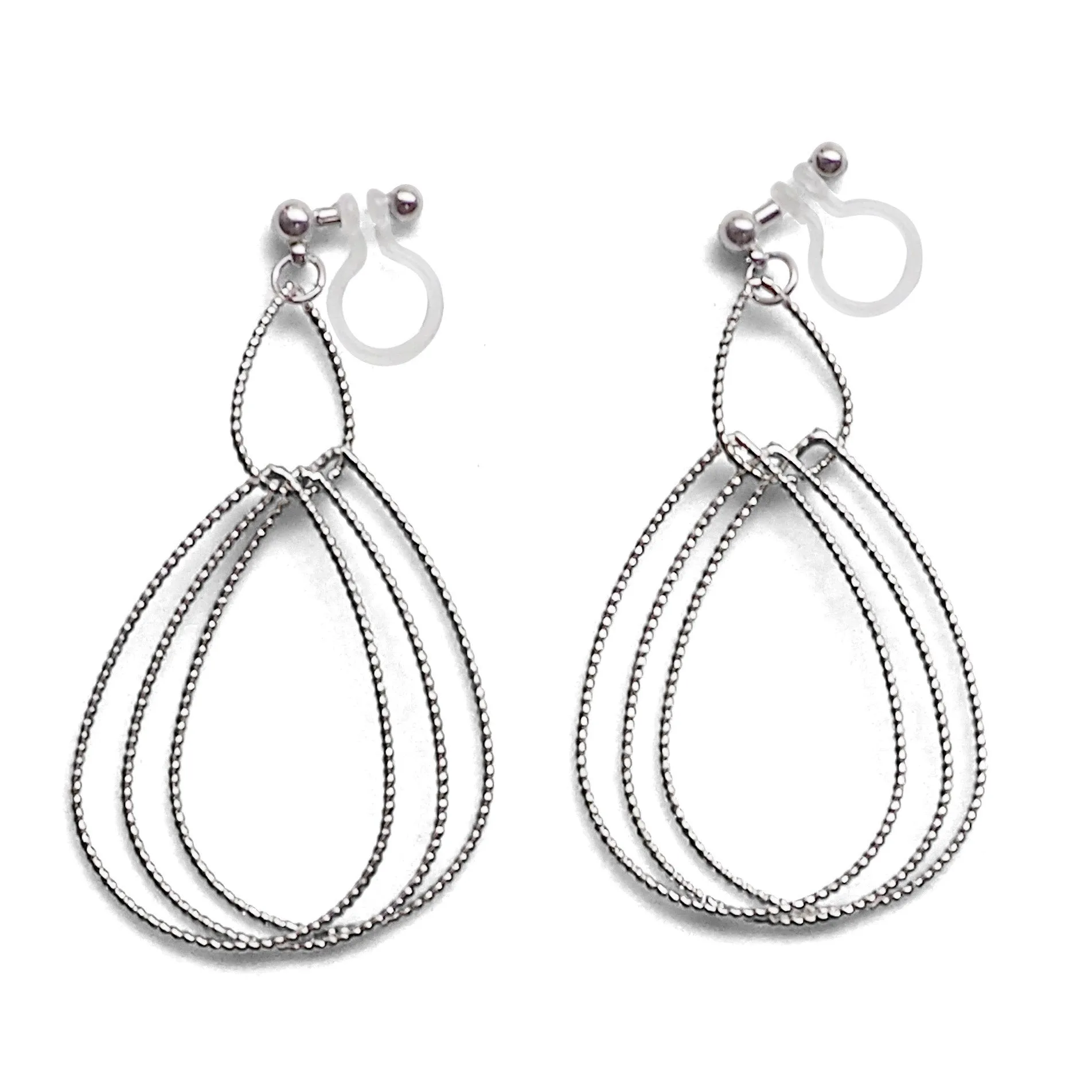 Dangle Silver Textured Pear Hoop Invisible Clip on Earrings