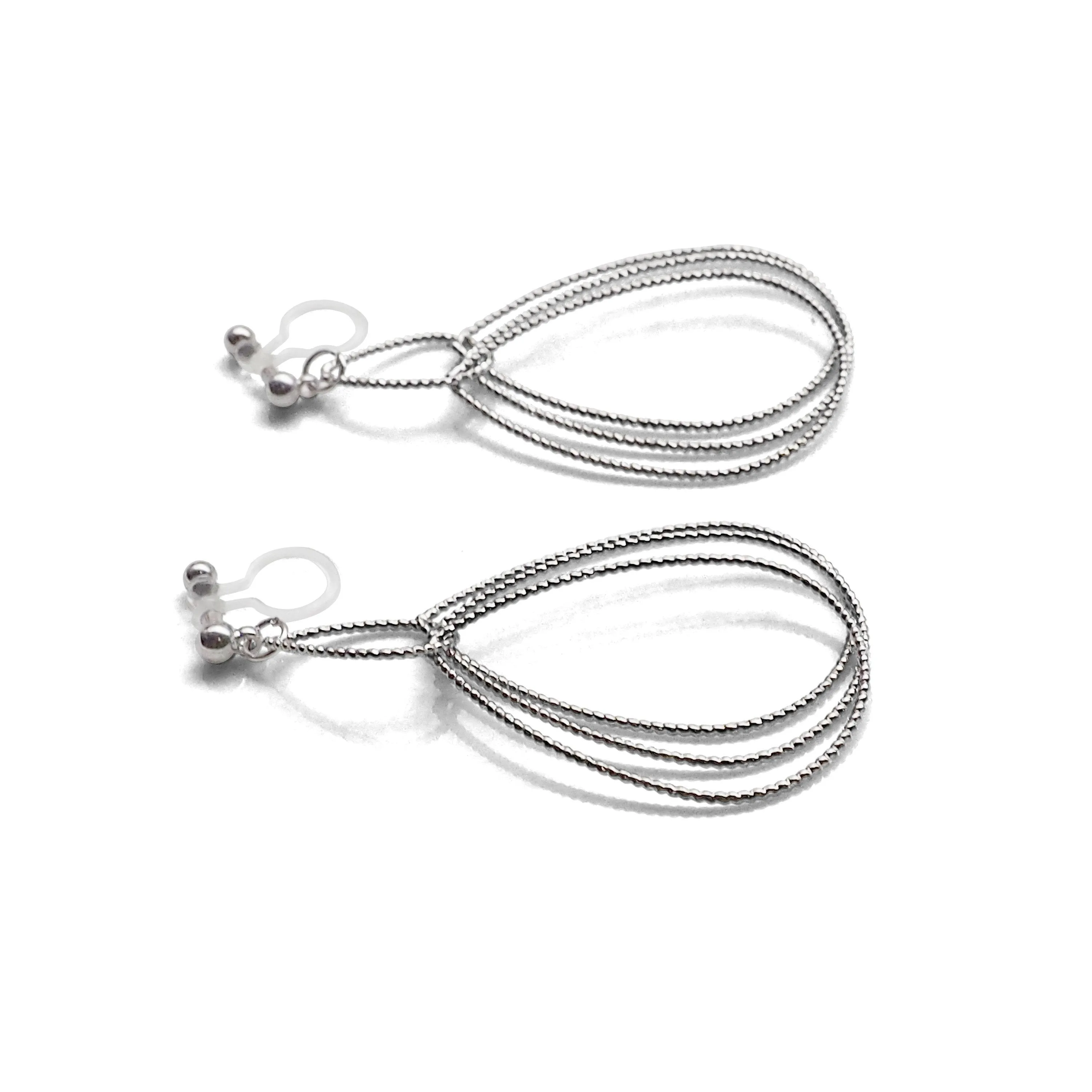 Dangle Silver Textured Pear Hoop Invisible Clip on Earrings