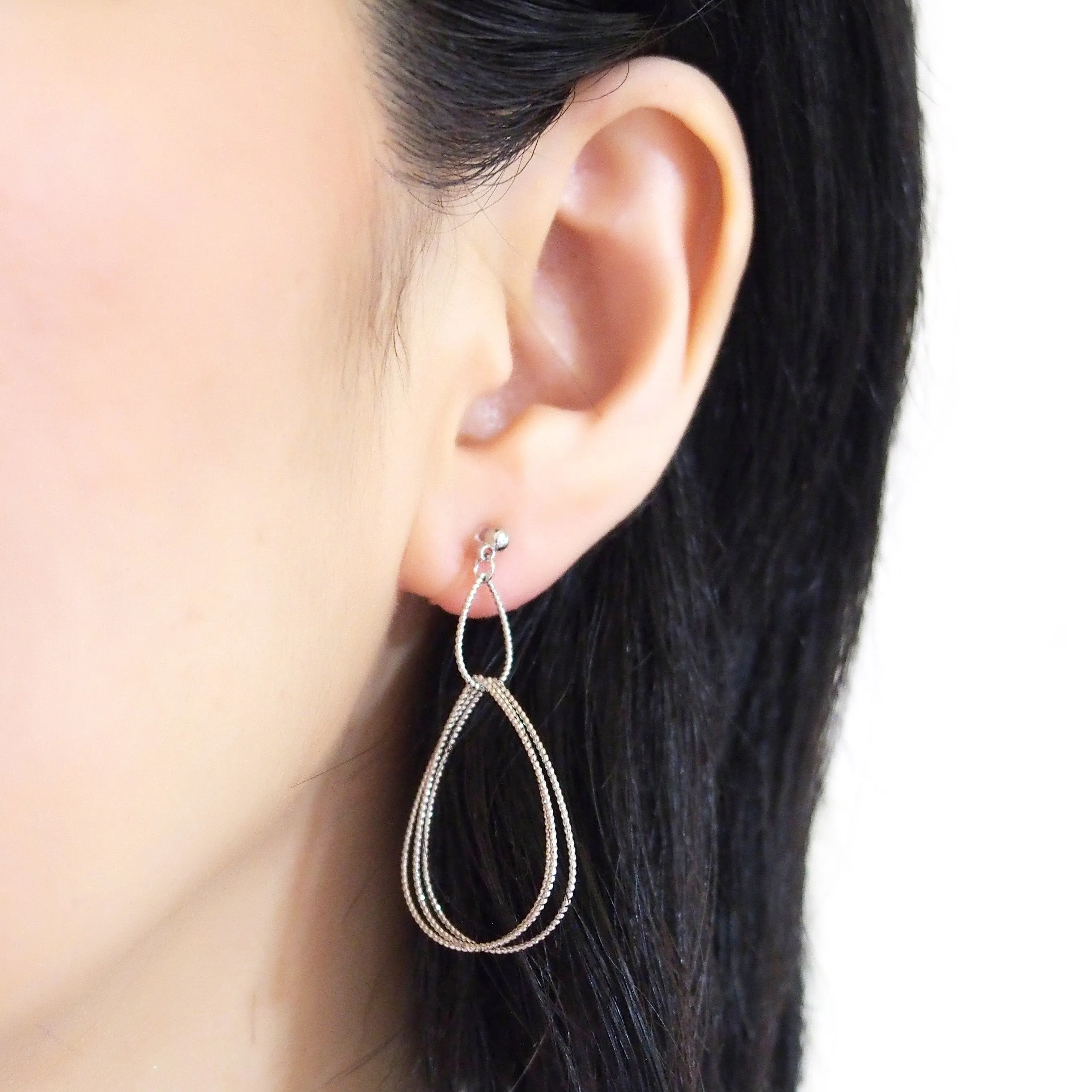 Dangle Silver Textured Pear Hoop Invisible Clip on Earrings