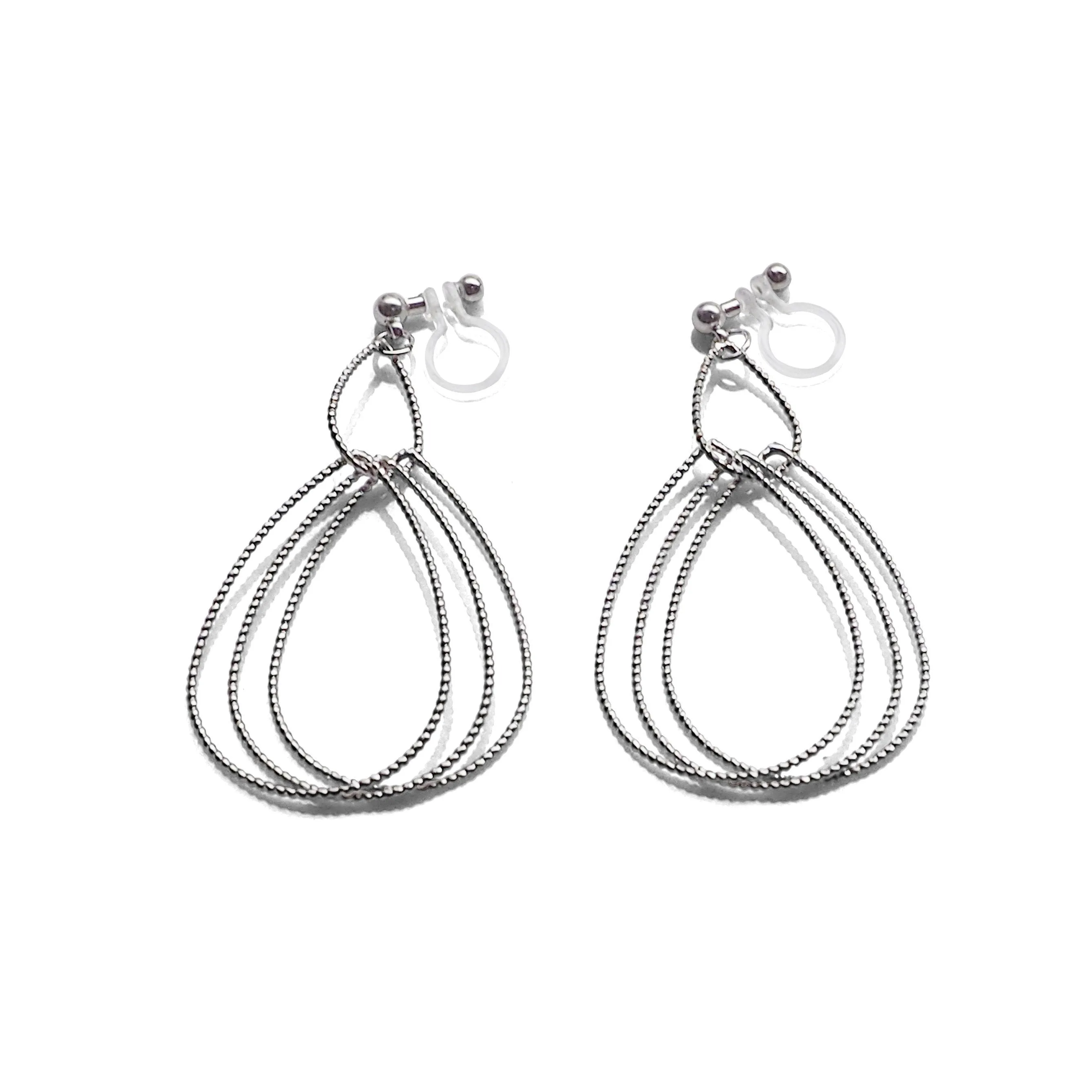 Dangle Silver Textured Pear Hoop Invisible Clip on Earrings