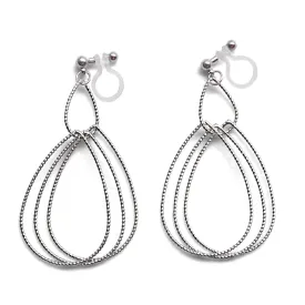 Dangle Silver Textured Pear Hoop Invisible Clip on Earrings