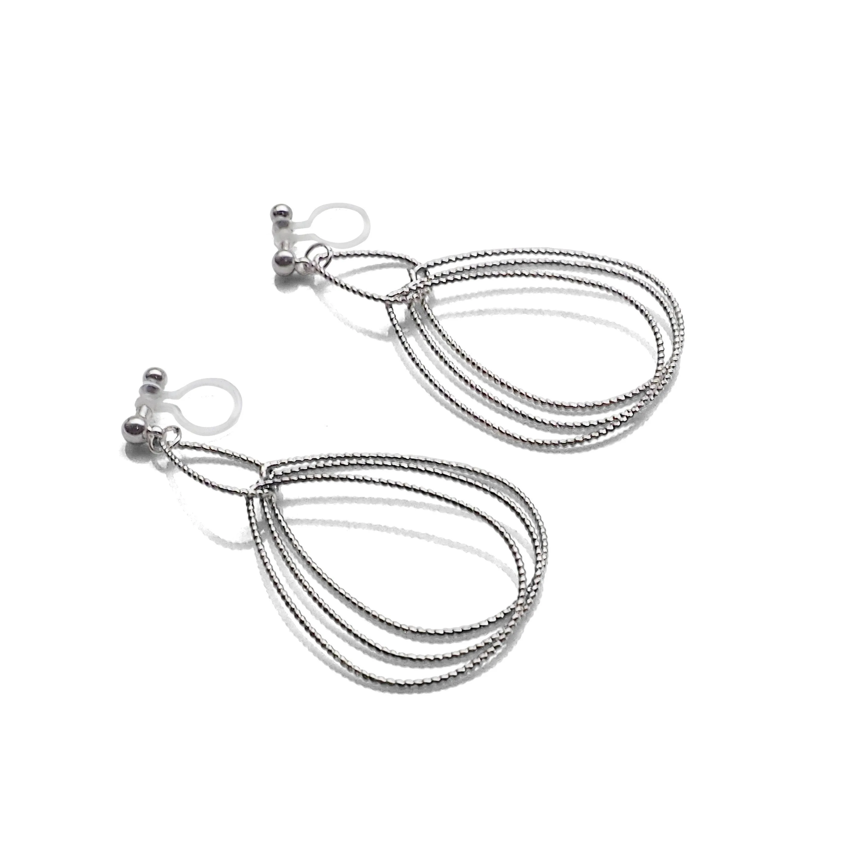 Dangle Silver Textured Pear Hoop Invisible Clip on Earrings