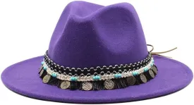 DHAEY British Style New Jazz Top Hat with Tassels Belt Simple Fashion Big Brim Hat Women's Woolen Felt Hat Big Brim Jazz Hat Luopan Caps & Hats (Color : Purple, Size : Medium(56-58cm))