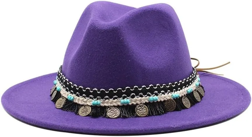 DHAEY British Style New Jazz Top Hat with Tassels Belt Simple Fashion Big Brim Hat Women's Woolen Felt Hat Big Brim Jazz Hat Luopan Caps & Hats (Color : Purple, Size : Medium(56-58cm))