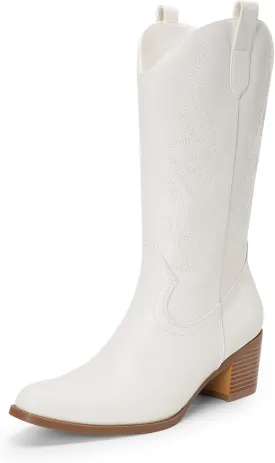 DREAM PAIRS Women's Square Toe Cowboy Cowgirl Boots Embroidered Mid Calf Western Boots Fashion Dress Low Chunky Heel Boots for Theme Party Country Concert