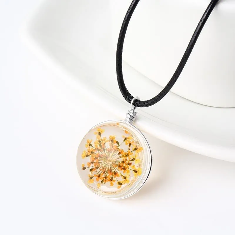 Dried Flowers Glass Round Necklace