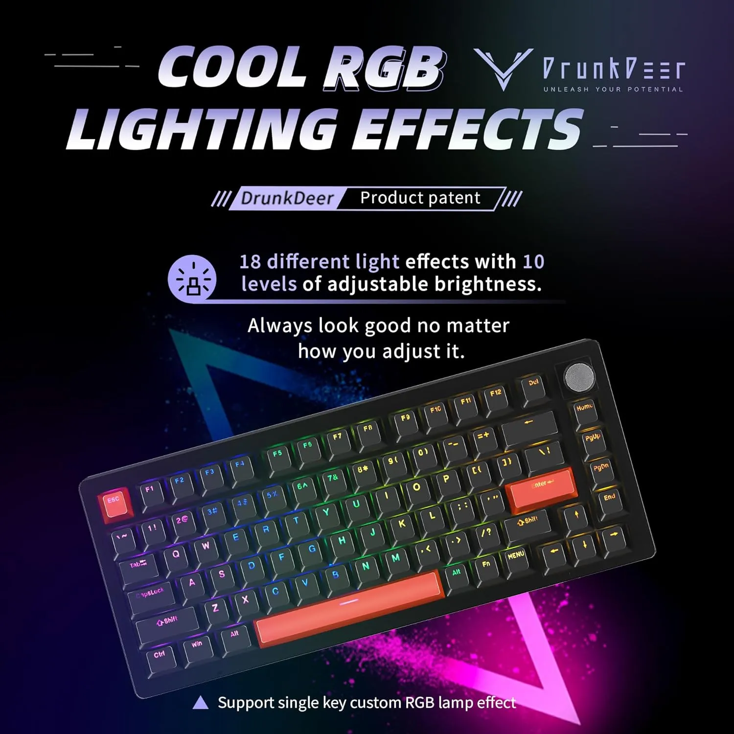DrunkDeer A75 Rapid Trigger Mechanical Keyboard Magnetic Switch Keyboard Gaming PBT Keycap Double Shot 82Key OEM Profile 75% Layout Compact USB Wired Black