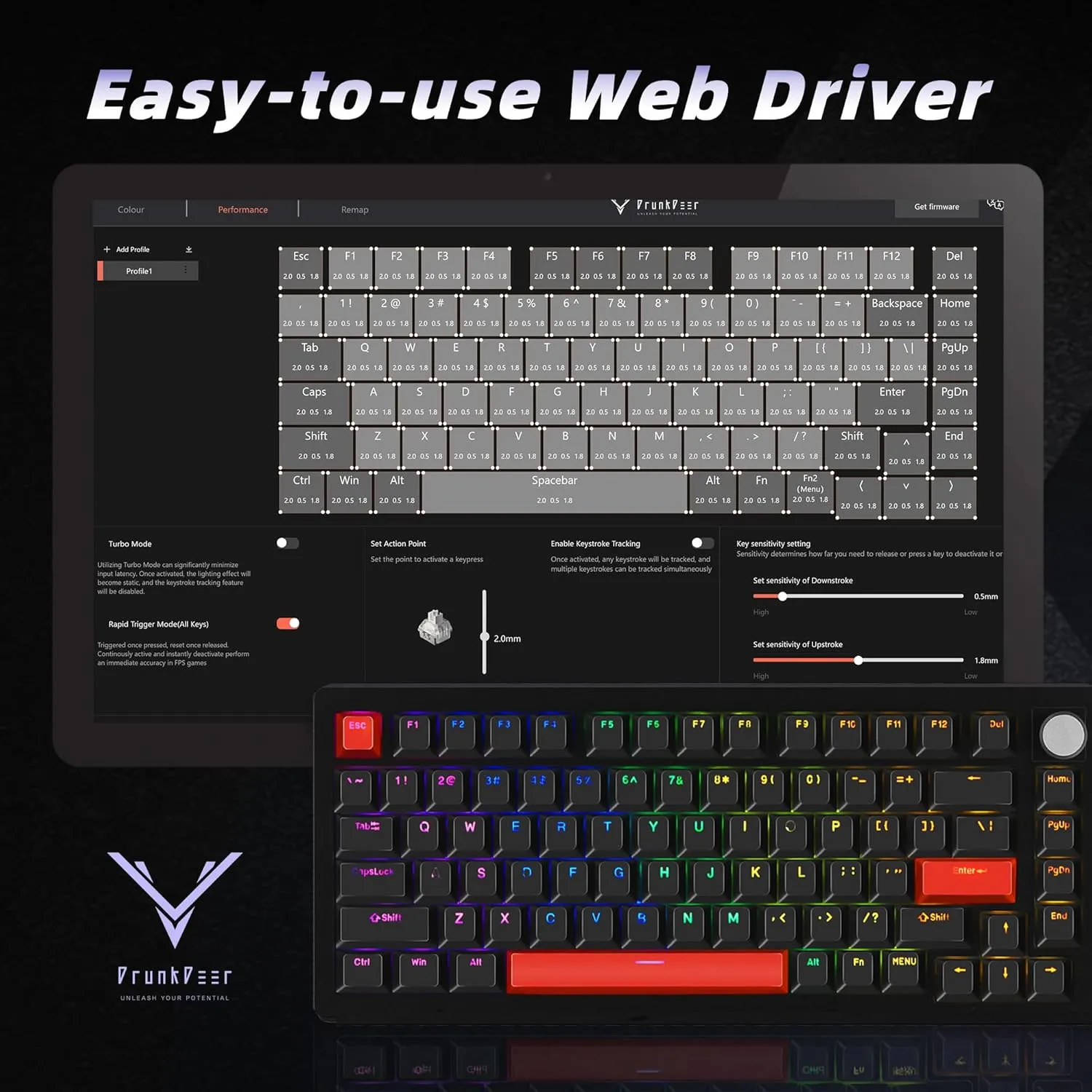 DrunkDeer A75 Rapid Trigger Mechanical Keyboard Magnetic Switch Keyboard Gaming PBT Keycap Double Shot 82Key OEM Profile 75% Layout Compact USB Wired Black