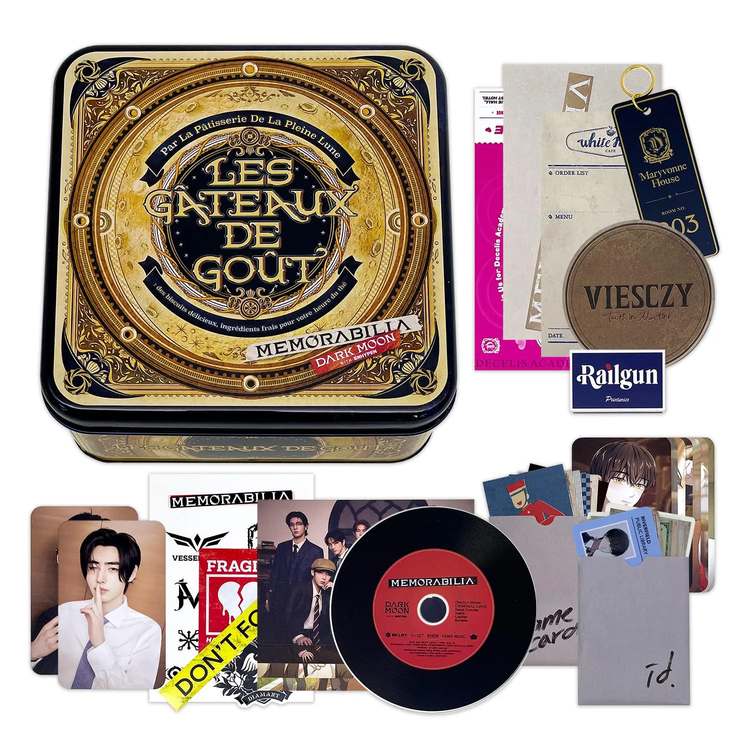 ENHYPEN - [MEMORABILIA] (Moon ver.) Keychain   ID Card   Name Card   Coaster   Memo Pad   CD-R   Postacard   Lyric Sheet   Photocard   Sticker   Ticket   2 Pin Badges   4 Extra Photocards