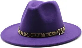 European and American Woolen Hat, Leopard Print Hat for Men and Women, Flat Brim Big Brim Jazz Felt Hat Fengyan Cowboy Hats (Color : Purple, Size : 56-58cm)
