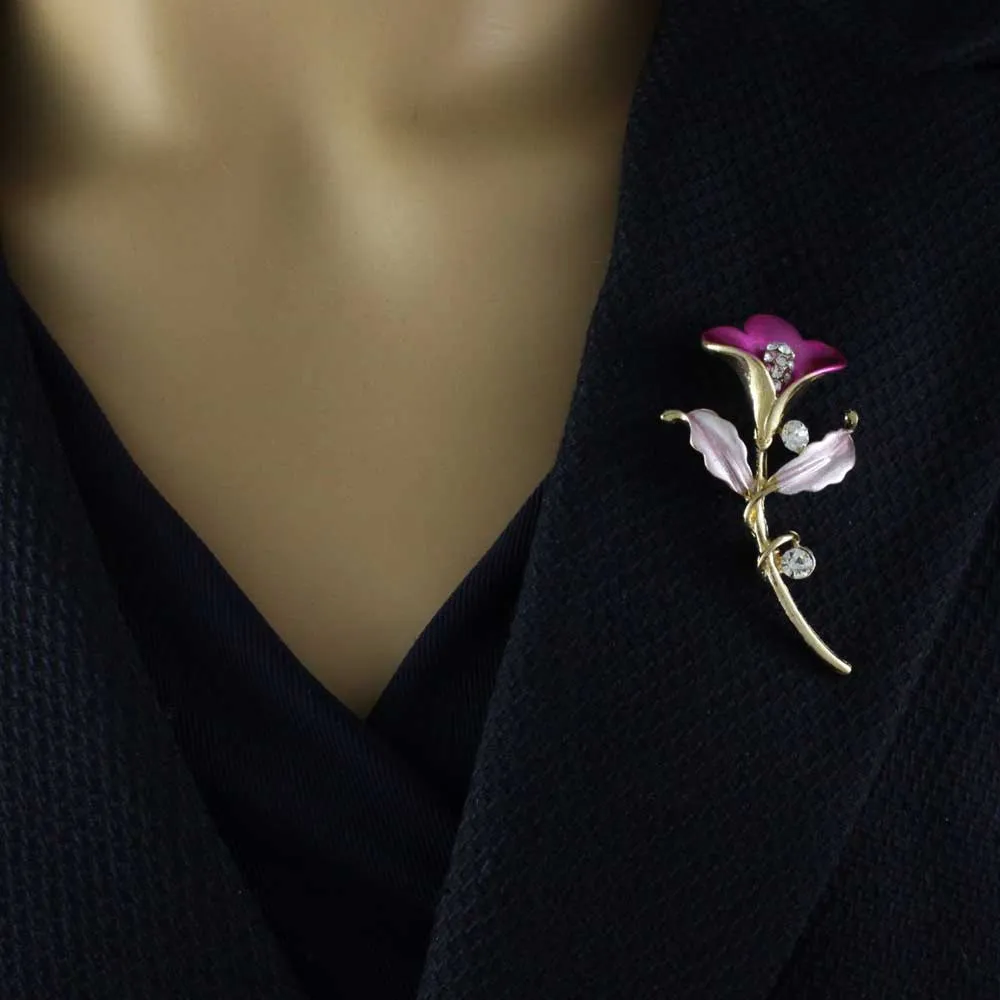 Fuchsia Enamel and Crystal Tulip Brooch Pin - PRL569