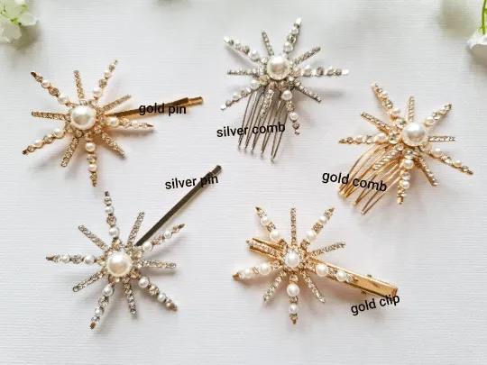 Gold hair clip with rhinestones & pearls| Wedding diamante snowflake clips | celestial moon stars crystal hair slides | christmas gift