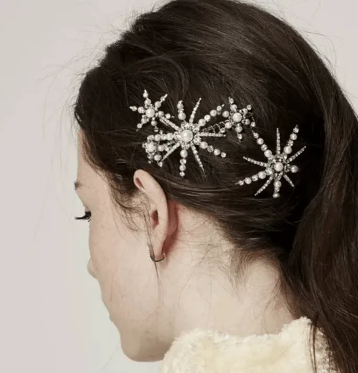 Gold hair clip with rhinestones & pearls| Wedding diamante snowflake clips | celestial moon stars crystal hair slides | christmas gift