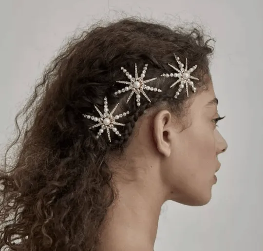 Gold hair clip with rhinestones & pearls| Wedding diamante snowflake clips | celestial moon stars crystal hair slides | christmas gift