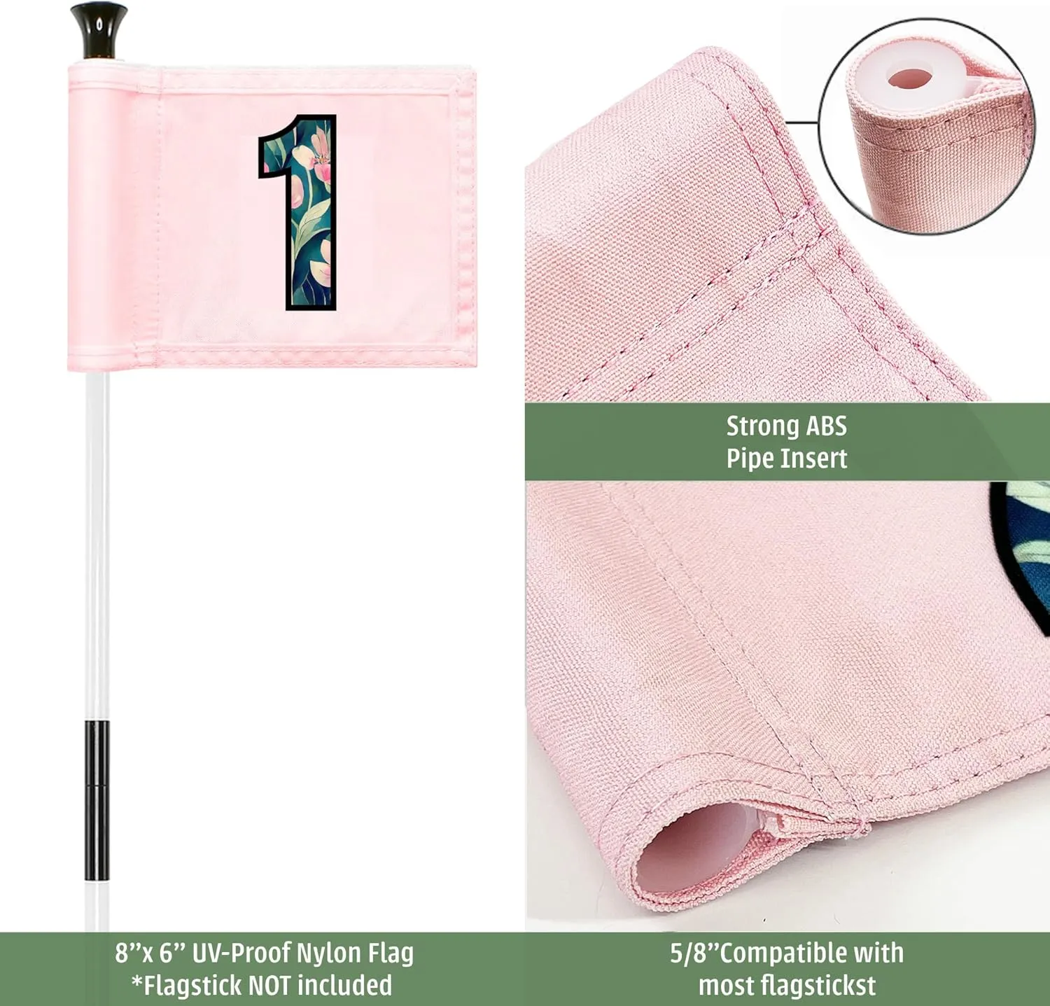 Golf Flag 8x6 Inch  420D Nylon Double-Sided Mini Pin Flag with Tube Inset, Practice Putting Green Flags for Yard (Numbered Pink - Set of 3)