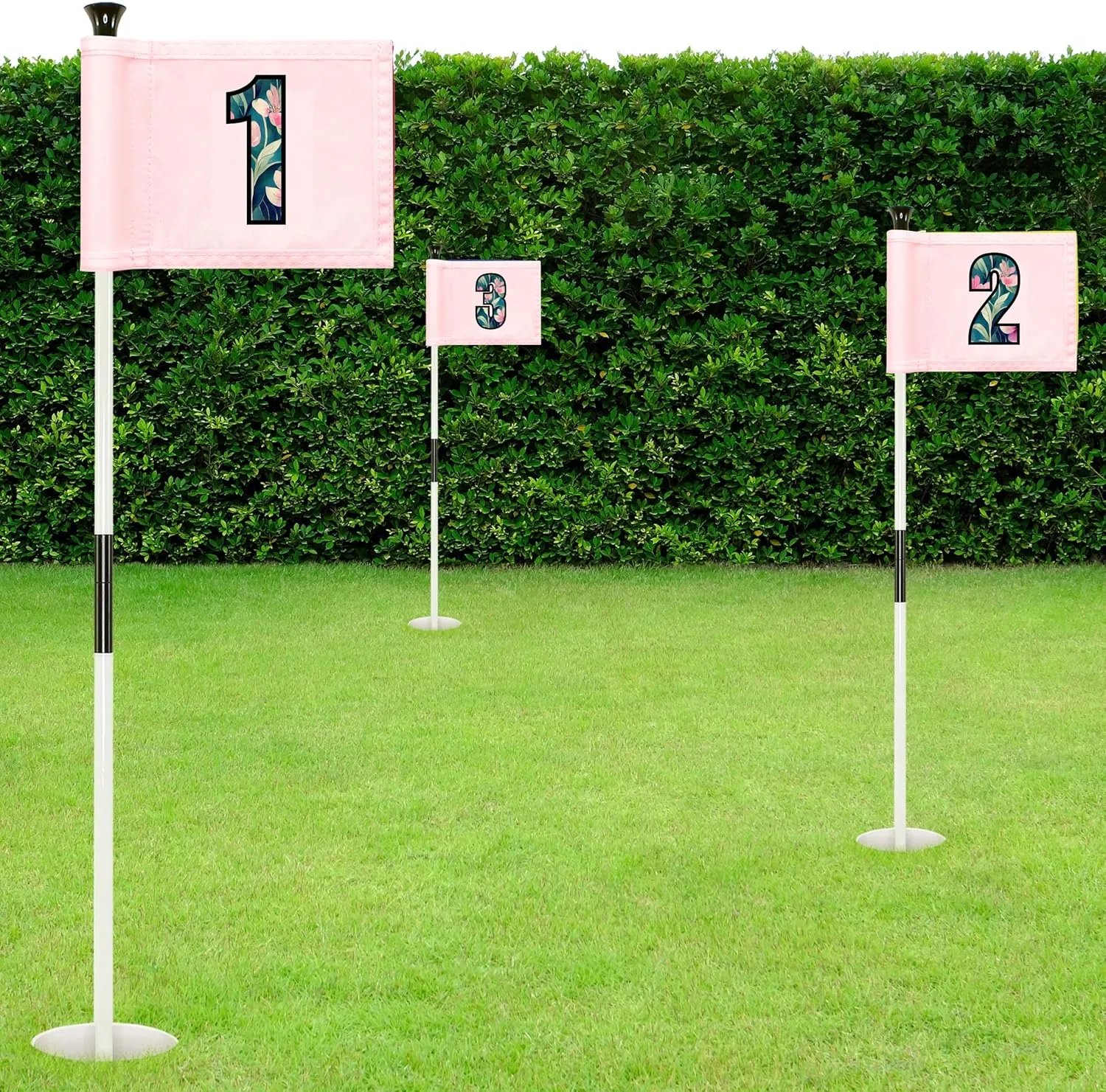 Golf Flag 8x6 Inch  420D Nylon Double-Sided Mini Pin Flag with Tube Inset, Practice Putting Green Flags for Yard (Numbered Pink - Set of 3)