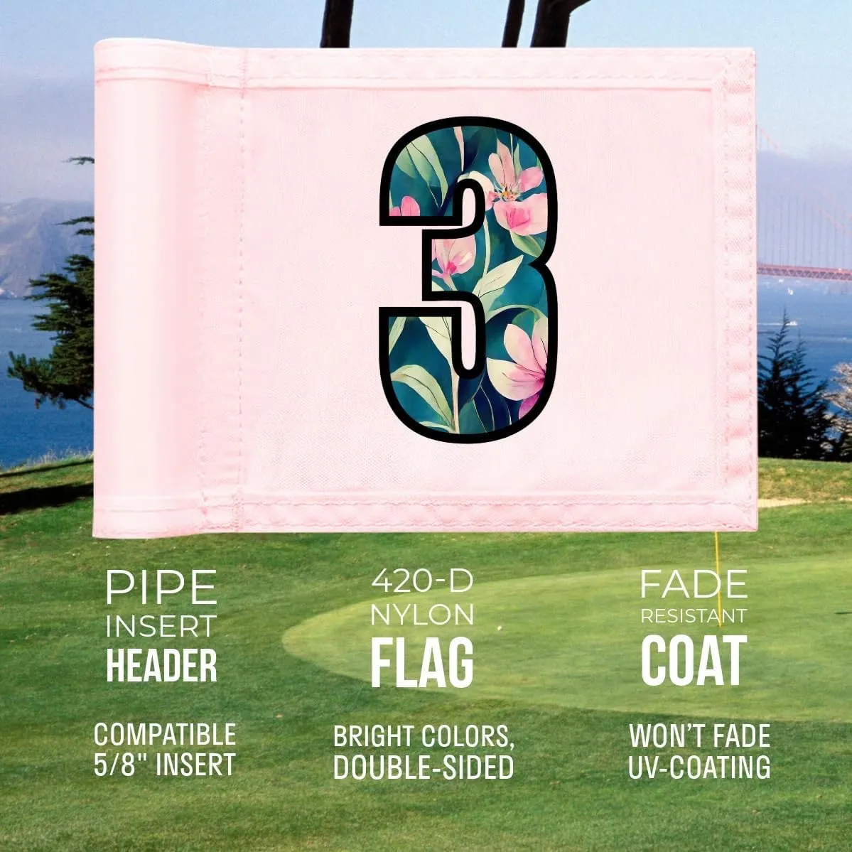 Golf Flag 8x6 Inch  420D Nylon Double-Sided Mini Pin Flag with Tube Inset, Practice Putting Green Flags for Yard (Numbered Pink - Set of 3)