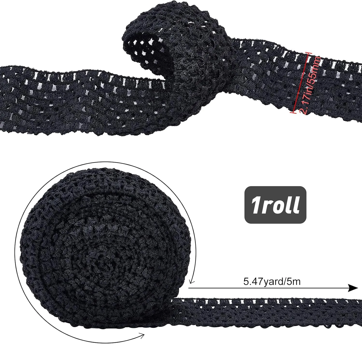 GORGECRAFT 1 Roll 5.5 Yards Wide Elastic Crochet Headband Ribbon 2.2" Crochet Stretch Trim Fabric for Hair Accessories Tube Top, Black
