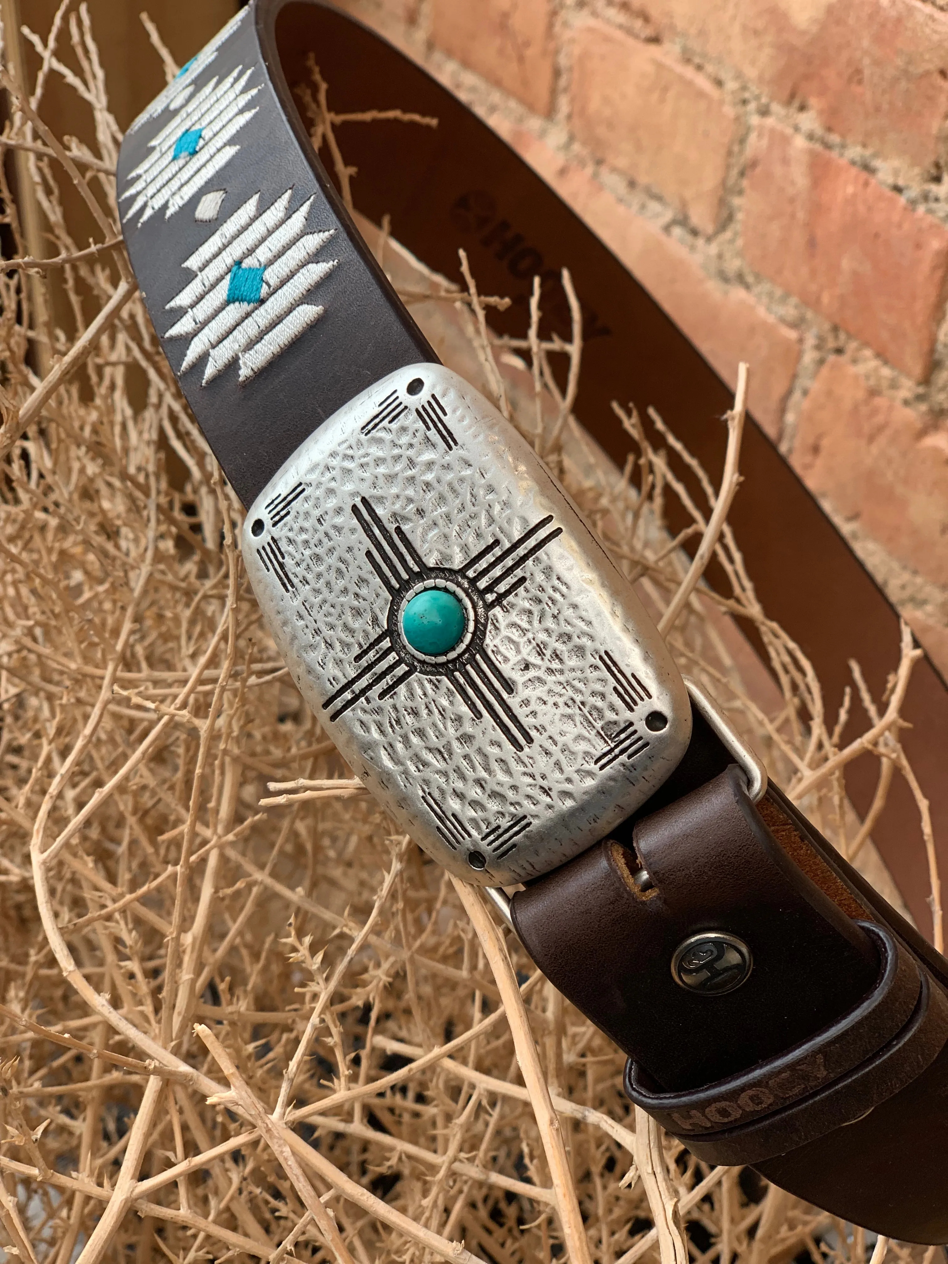 Hooey "Blue Diamond' Dark Brown with Ivory & Turquoise Embroidery Leather Belt HWBLT014