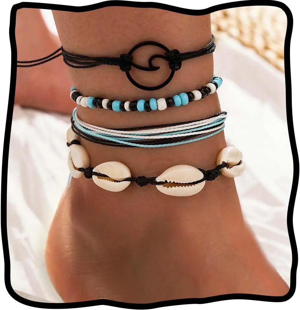 JEWEKY Boho Layered Anklet Bracelets Shell Rope Simmer Beach Foot Chain for Women