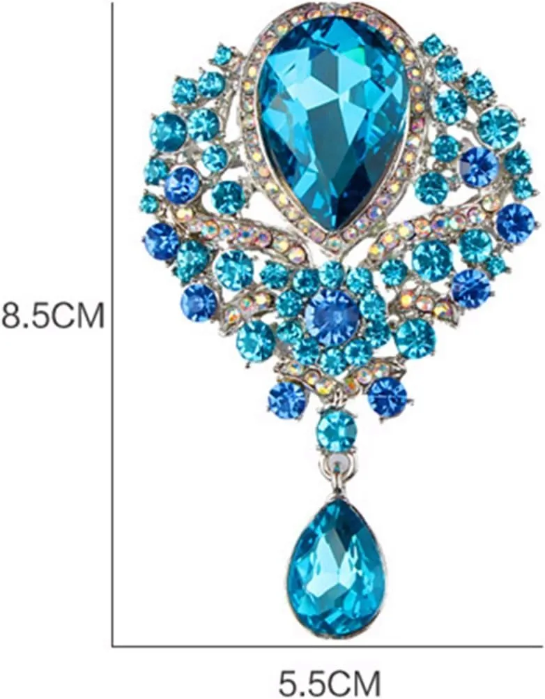 JewelBeauty Women's Crystal Silver-Tone Bouquet Flower Teardrop Large Gorgeous Bouquet Brooch Pin (light blue)