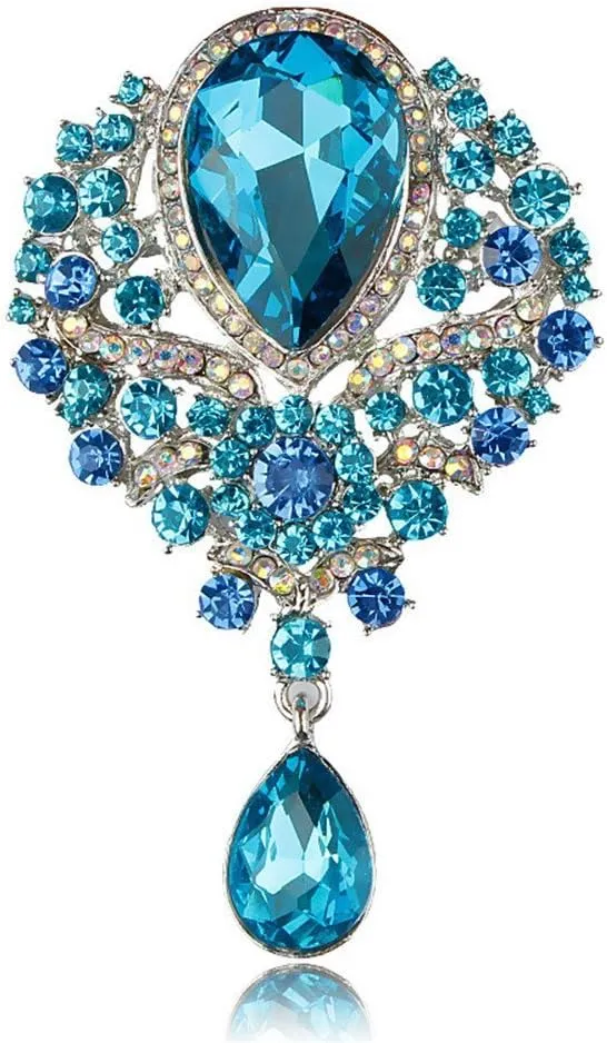 JewelBeauty Women's Crystal Silver-Tone Bouquet Flower Teardrop Large Gorgeous Bouquet Brooch Pin (light blue)