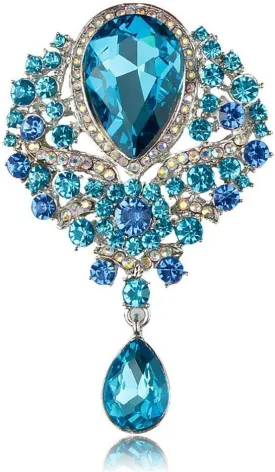 JewelBeauty Women's Crystal Silver-Tone Bouquet Flower Teardrop Large Gorgeous Bouquet Brooch Pin (light blue)