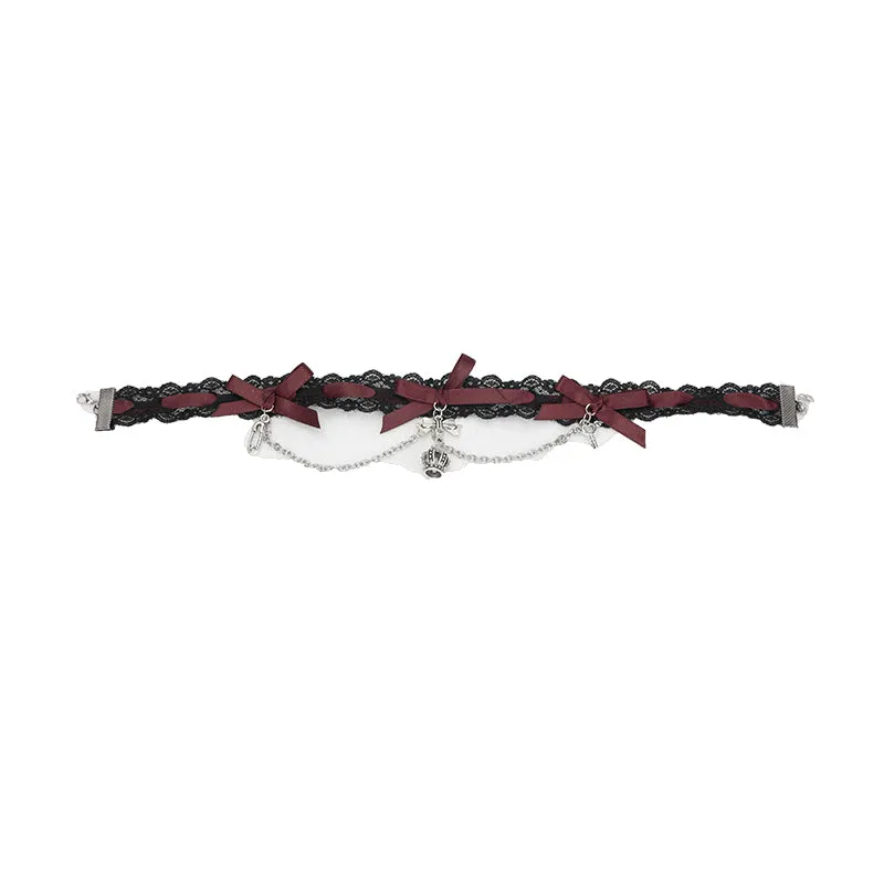 Jirai Kei Black Pink Choker Lace Beaded Chain