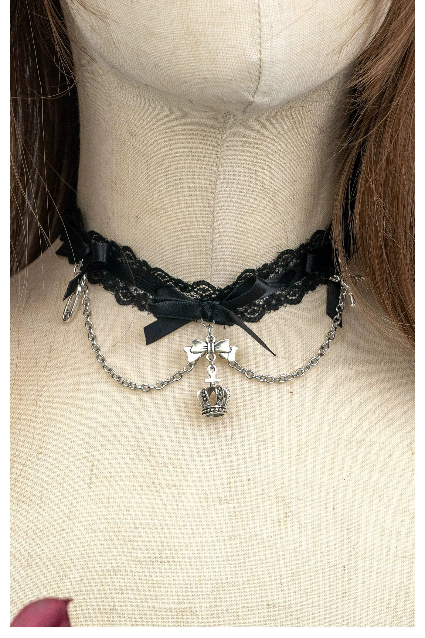 Jirai Kei Black Pink Choker Lace Beaded Chain