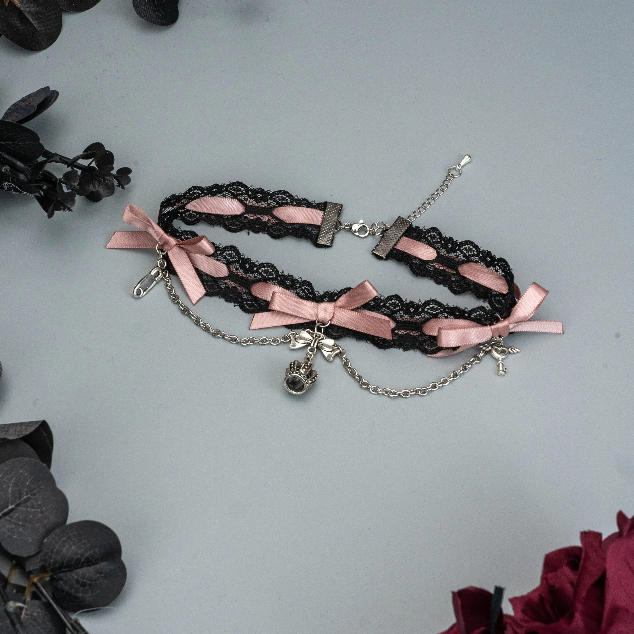 Jirai Kei Black Pink Choker Lace Beaded Chain