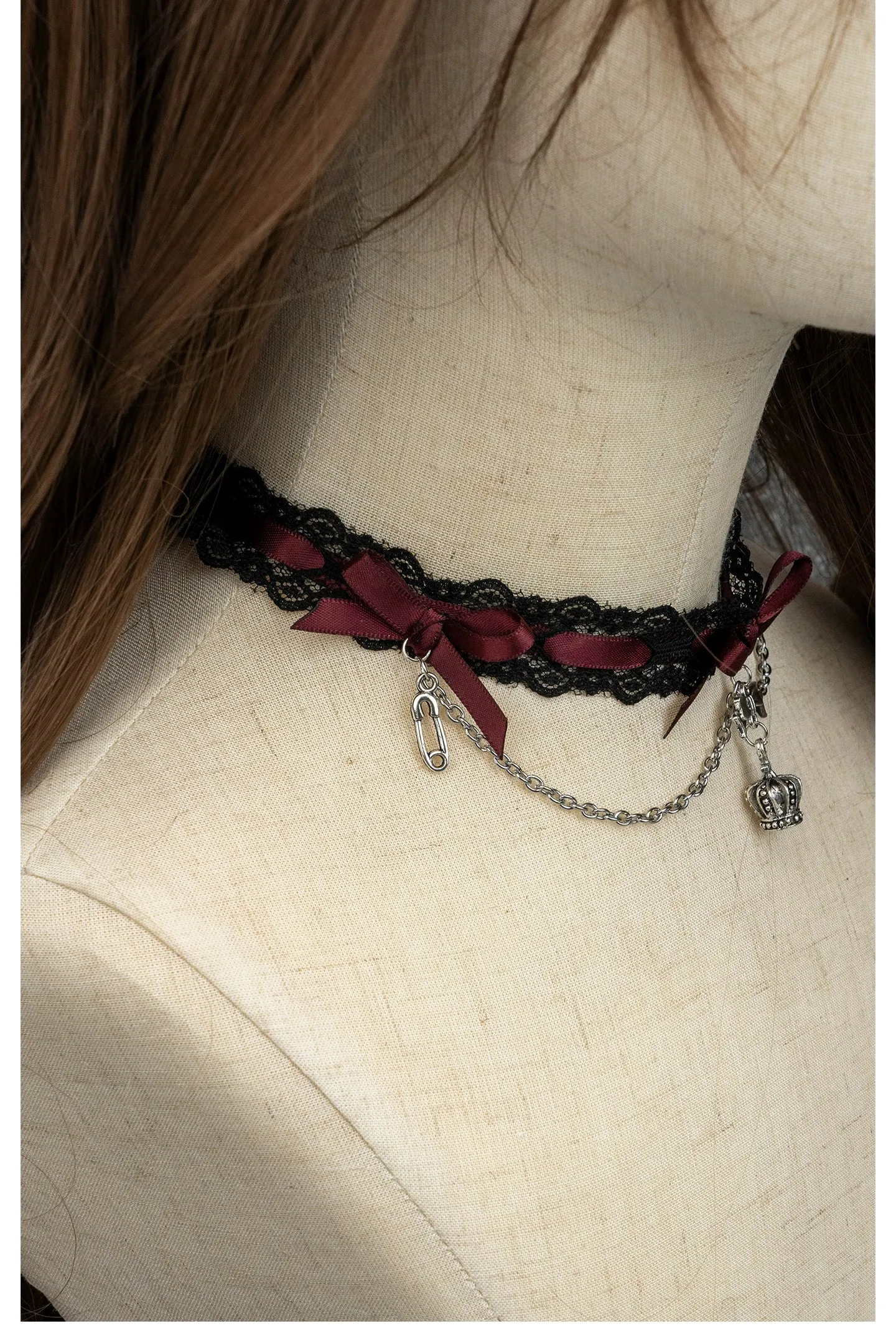 Jirai Kei Black Pink Choker Lace Beaded Chain