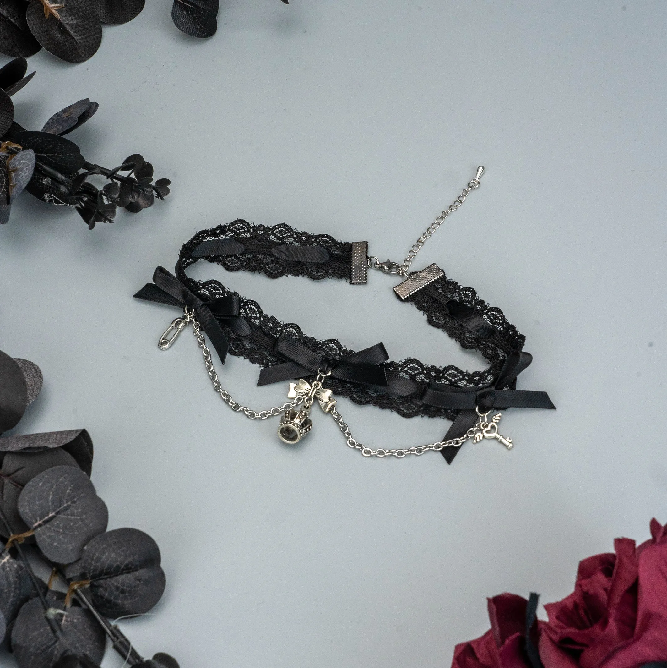 Jirai Kei Black Pink Choker Lace Beaded Chain