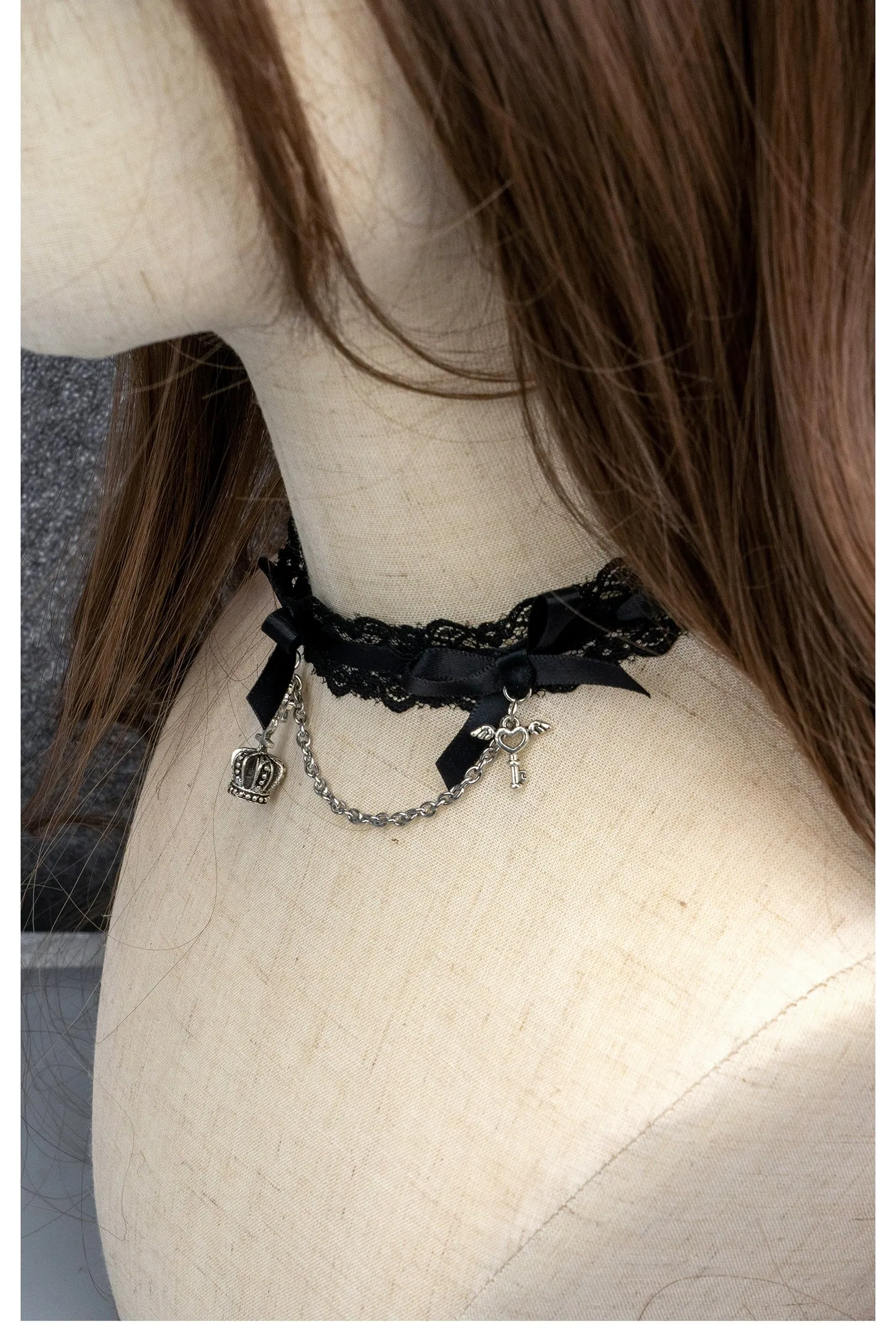 Jirai Kei Black Pink Choker Lace Beaded Chain