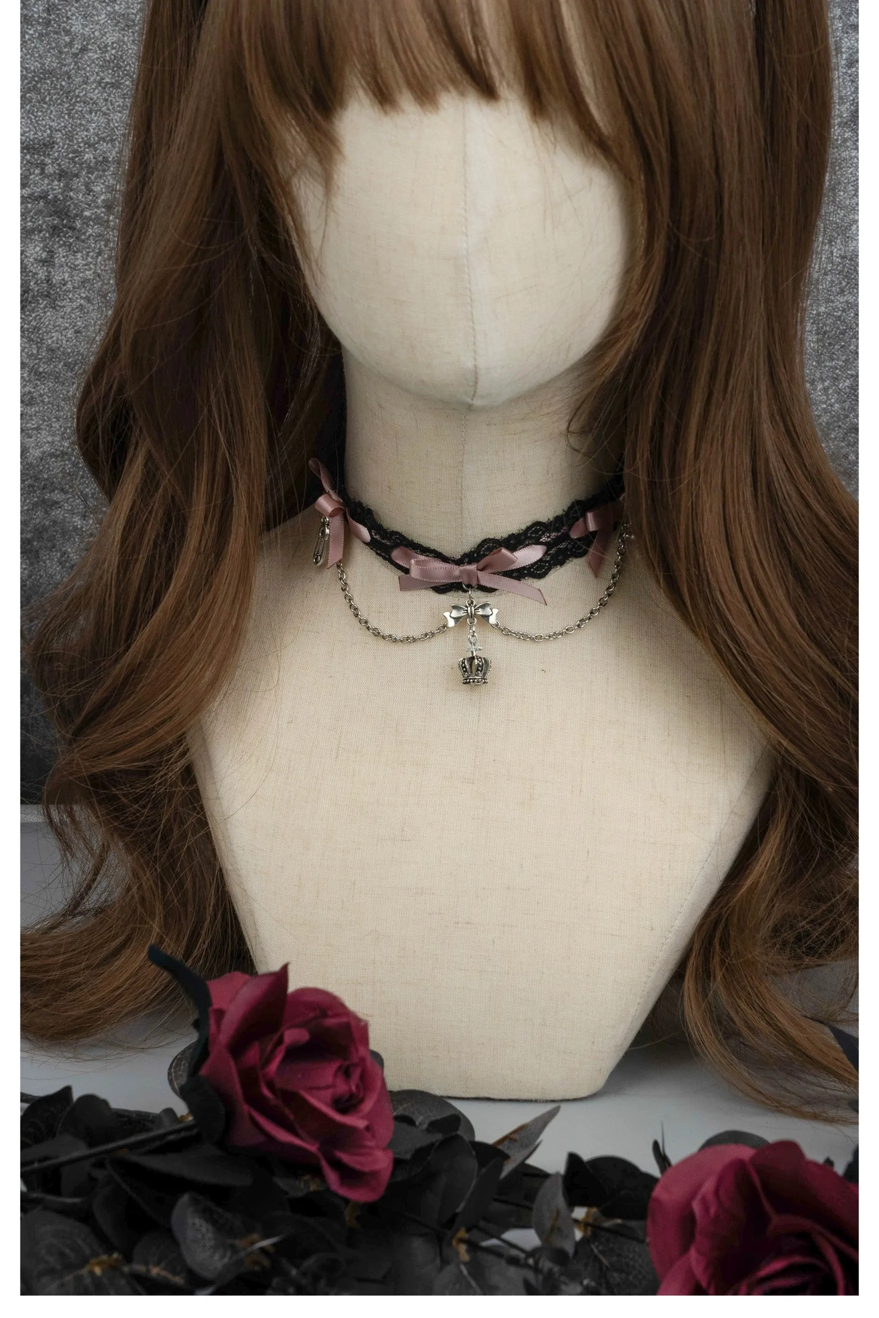 Jirai Kei Black Pink Choker Lace Beaded Chain