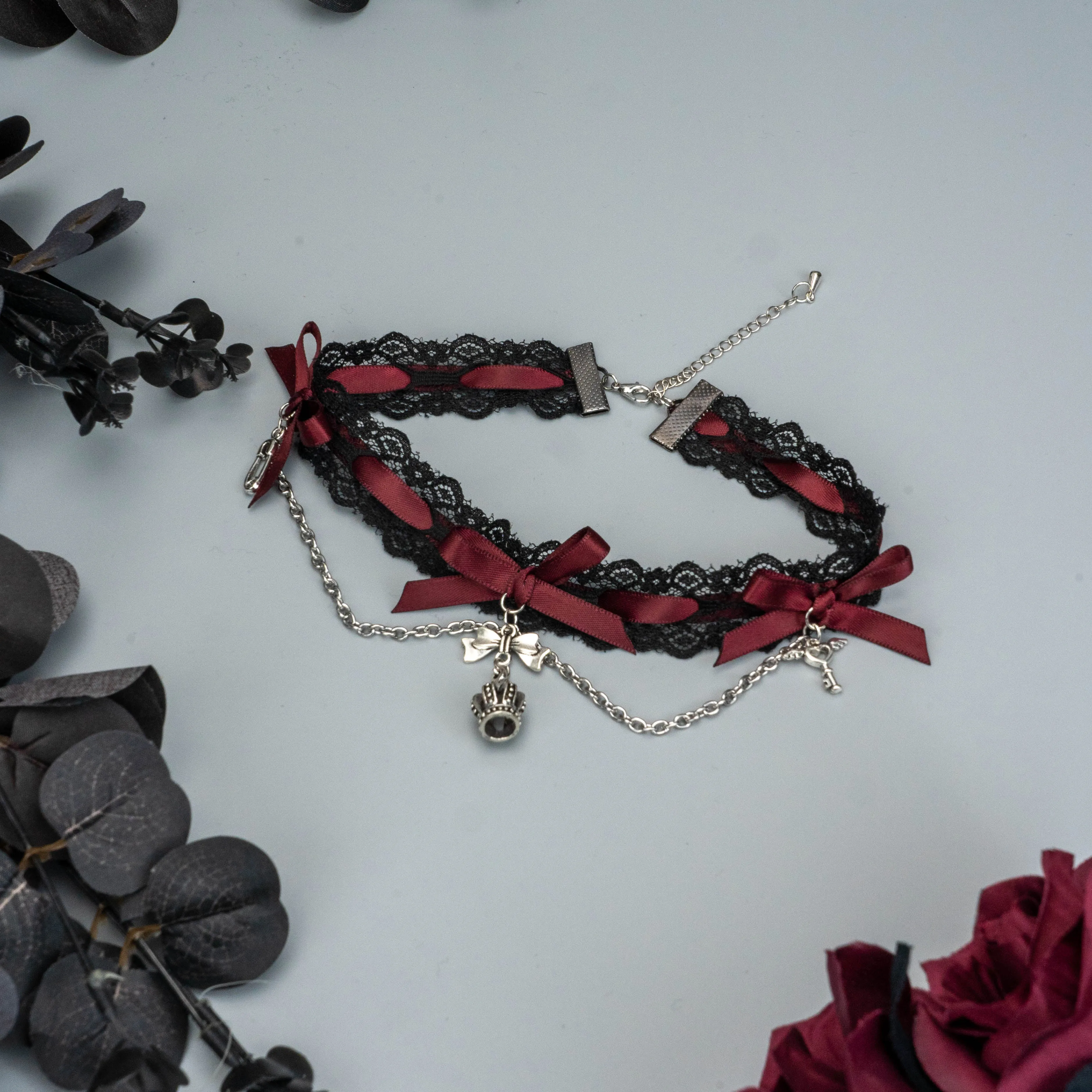 Jirai Kei Black Pink Choker Lace Beaded Chain