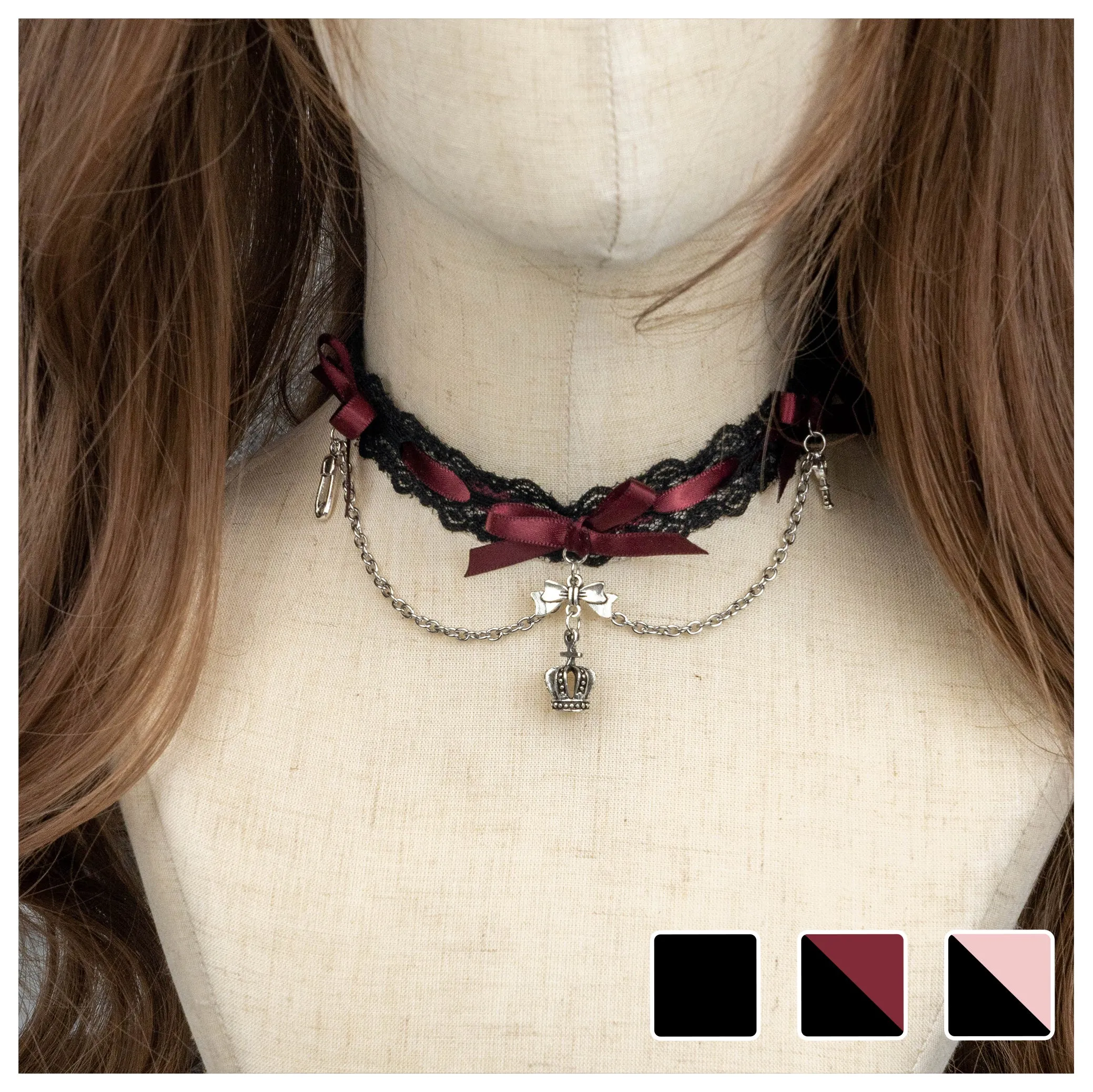 Jirai Kei Black Pink Choker Lace Beaded Chain