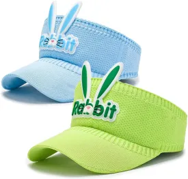 Kids Toddler Sun Visor Hat 2 Pack  Boys & Girls Summer UV Protection Hats for Beach, Park, Outdoor Play  Breathable Knit Sun Hat (Bunny Ears Blue   Green)