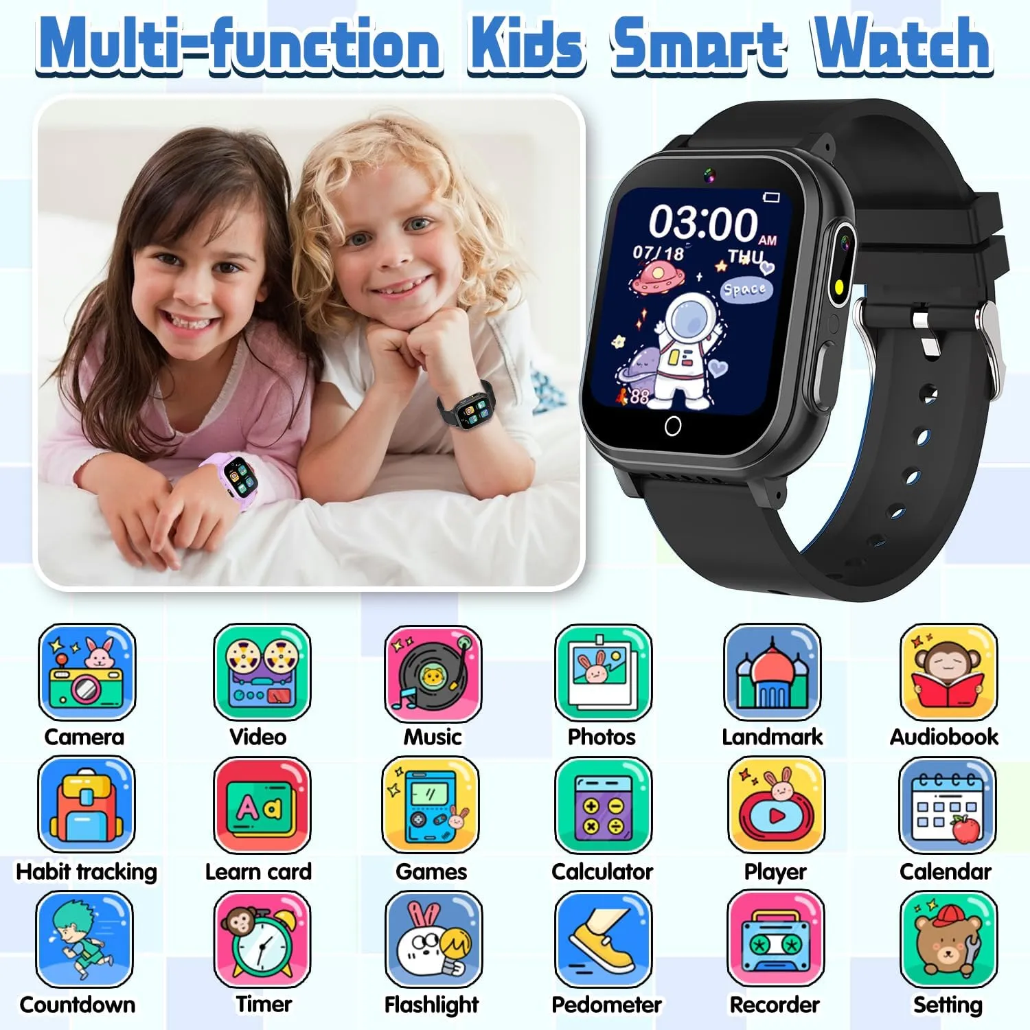 Kids Waterproof Smart Watch Gift for Boys Ages 3-12, 32 Puzzle Games, HD Touchscreen, Dual Camera, Vedio Pedometer Music Player, Kids Watch Toy Birthday Gifts for Boys Ages 5 6 7 8 9 10 (Black)