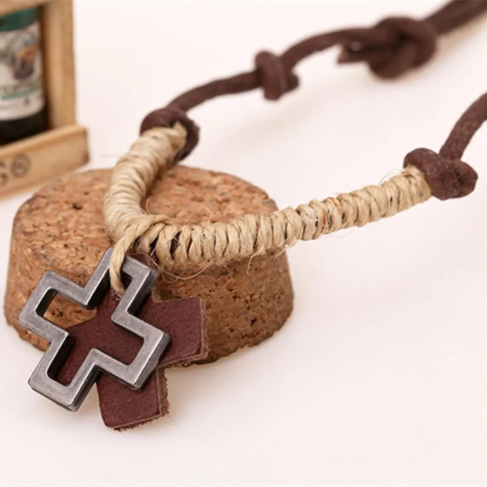 Leather Necklace with Stainless Steel Pendant for Men Women, Vintage Hemp Rope Tribal Choker Necklaces Adjustable 18-30 inch, Clasp-Free Long Necklace with Pendant