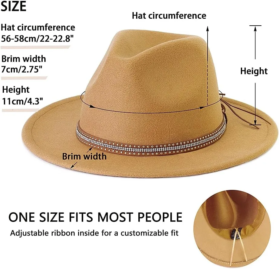 LolliWeaver Women Fashion Flat Wide Brim Teardrop Crown Felt Fedora Hat with Hat Belt