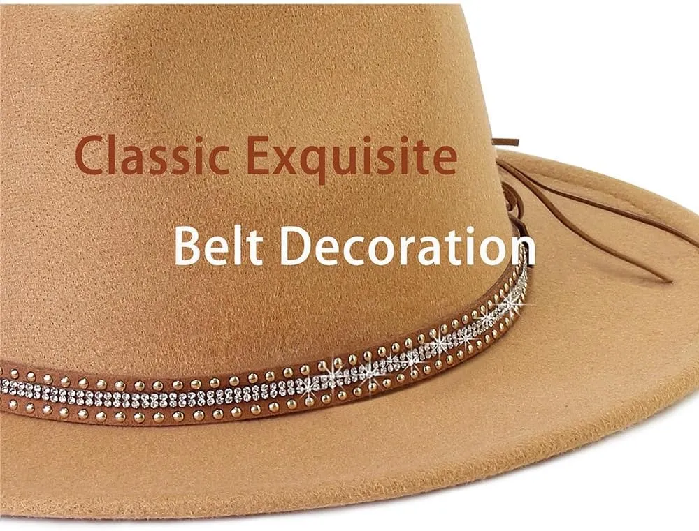 LolliWeaver Women Fashion Flat Wide Brim Teardrop Crown Felt Fedora Hat with Hat Belt
