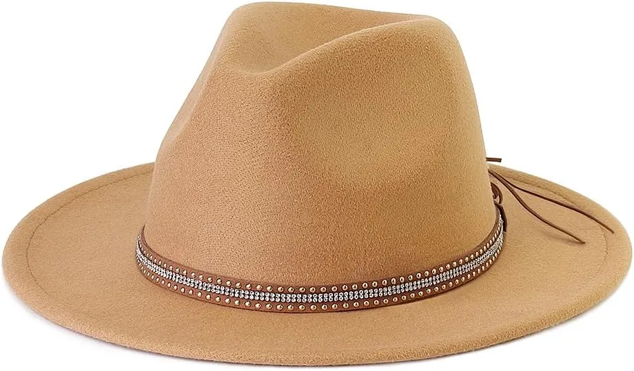 LolliWeaver Women Fashion Flat Wide Brim Teardrop Crown Felt Fedora Hat with Hat Belt